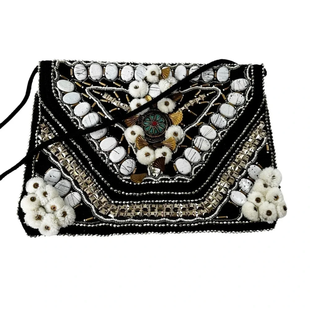 Antik Batik Bag Cuzco Embroidered Beaded Convertible Clutch Black